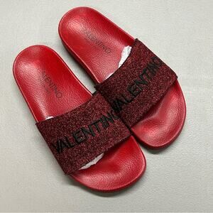 Valentino Red Slides Sparkle Metallic Logo Name Top Sandals Made in Italy Sz 37